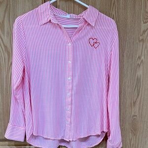Pink Striped Button Down Blouse  with Heart Embroidery.